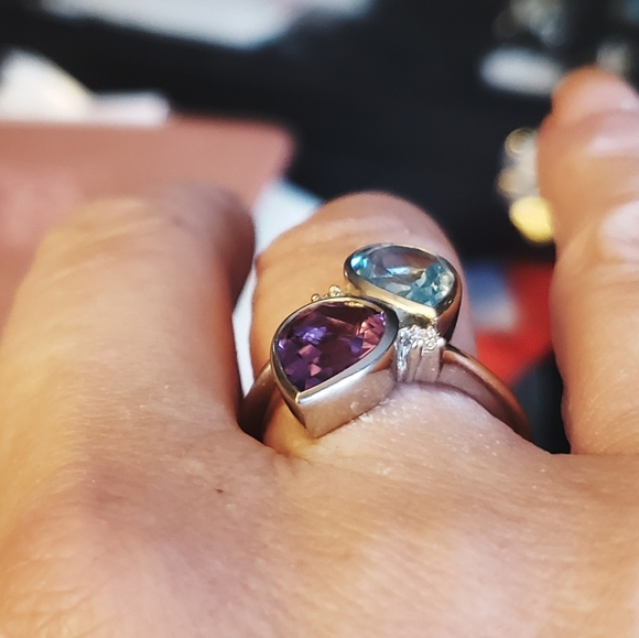 NWT African Amethyst, Sky Blue Topaz and Moissanite Bypass Ring Size 9 - Picture 11 of 13